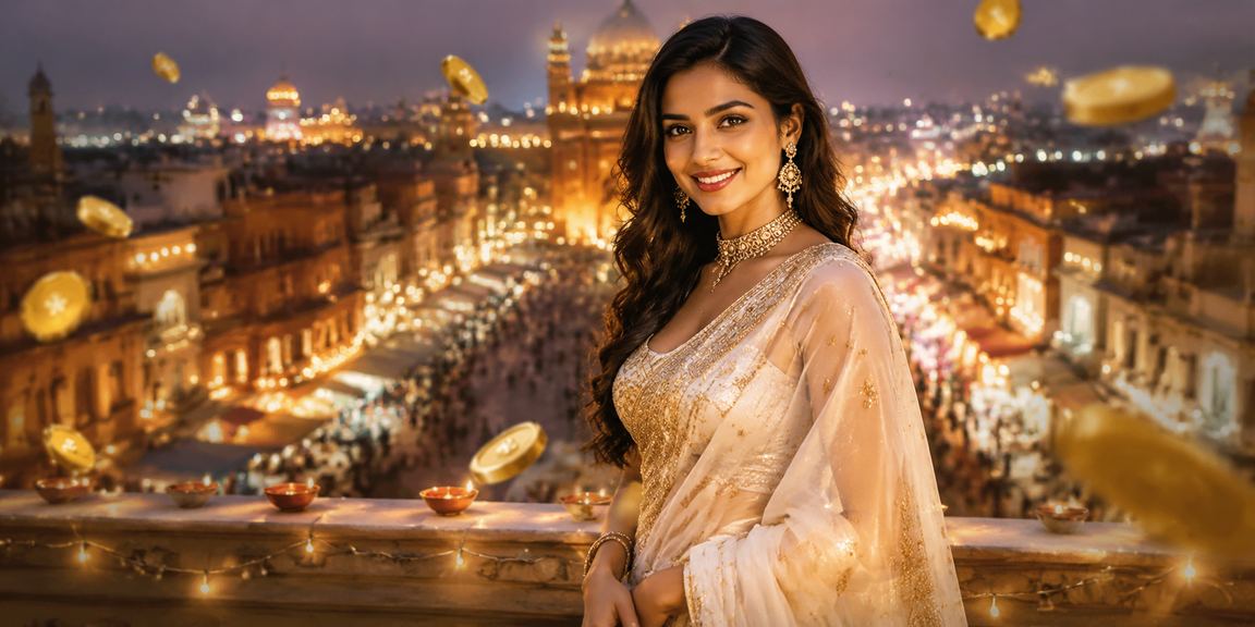Happy Indian woman registering on mobile casino platform